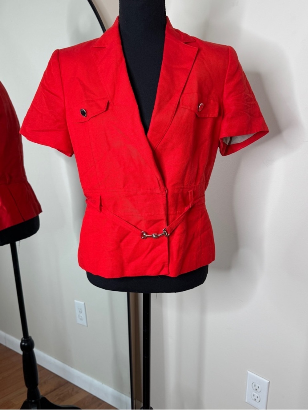 Calvin Klein Linen Blend Red Button Clasp Blouse Short Sleeve Size 10P